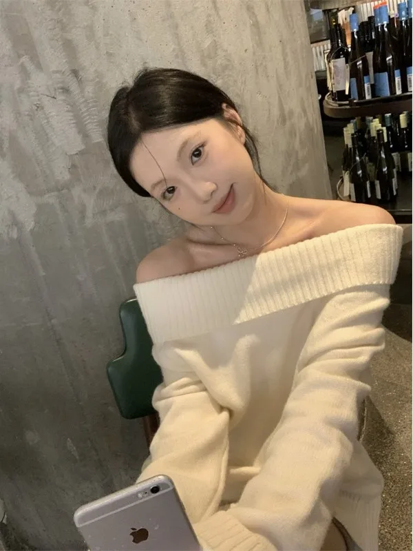 

Женский свободный вязаный свитер с открытыми плечами, из смесового хлопка, теплый, удлиненный, стандартной длины, для осени и зимы...