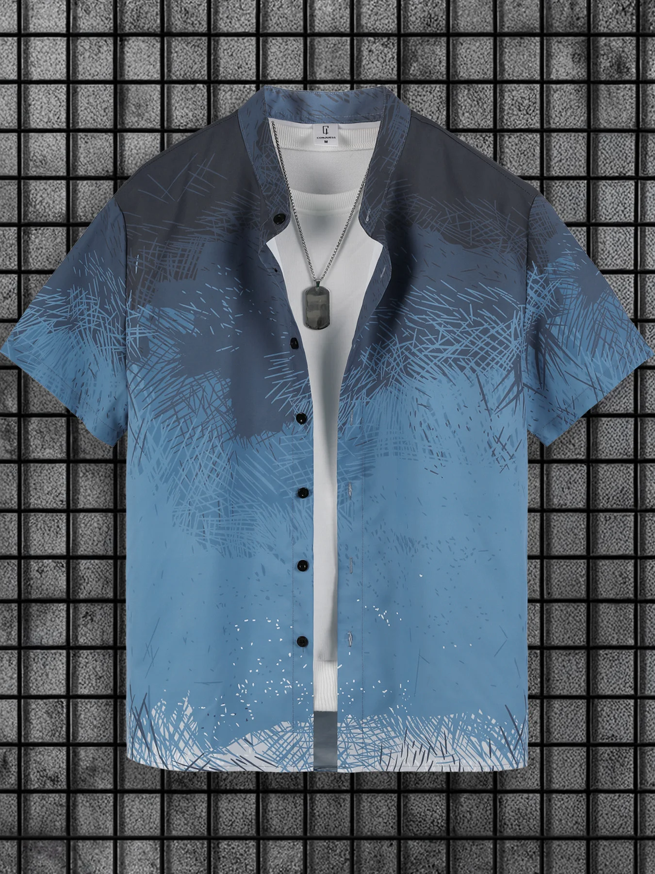 

Men's Blue Gray Gradient Line Stand Collar Short Sleeve Shirt Summer Loose Casual Smart Top
