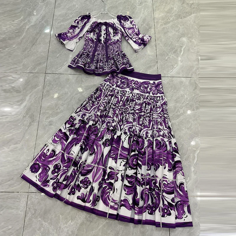 デザイナー ボヘミアン オフショルダー トップ レディース – 綿 100% パープル ポーセリン プリント ブラウス |   2025年夏のビーチホリデー衣装