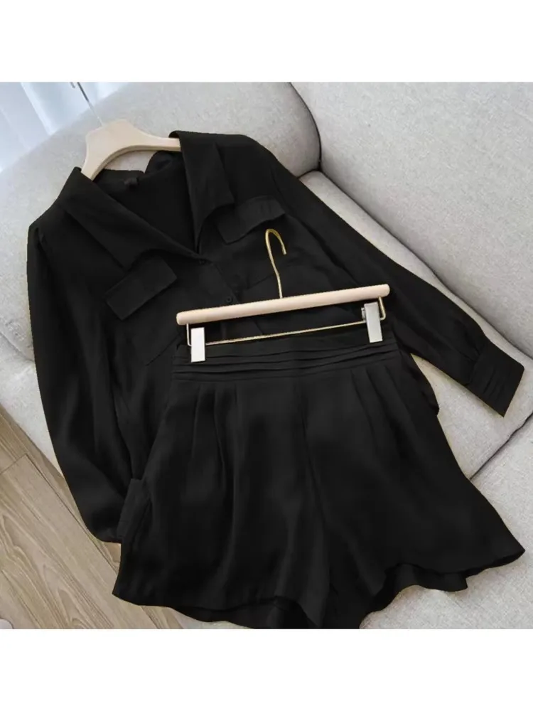 Spring Summer Short Set Women Fashion Black Casual Long Sleeve Shirt Top 2 Piece Set Female Holiday Solid New Suit Lady Clothing