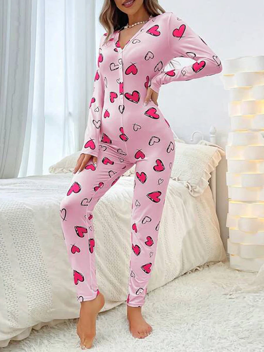 

Valentines Day Women Sexy Bodycon One Body Pajama Heart Print Long Sleeve Button V Neck Jumpsuit 1Piece Romper Sleepwear