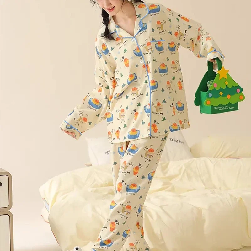 Korean Cute Cartoon Kawaii Print Ins Sweet Women Pajamas Autumn/Winter Milk Silk Lazy Lounges 2024 New Long Sleeve+pant Home Set