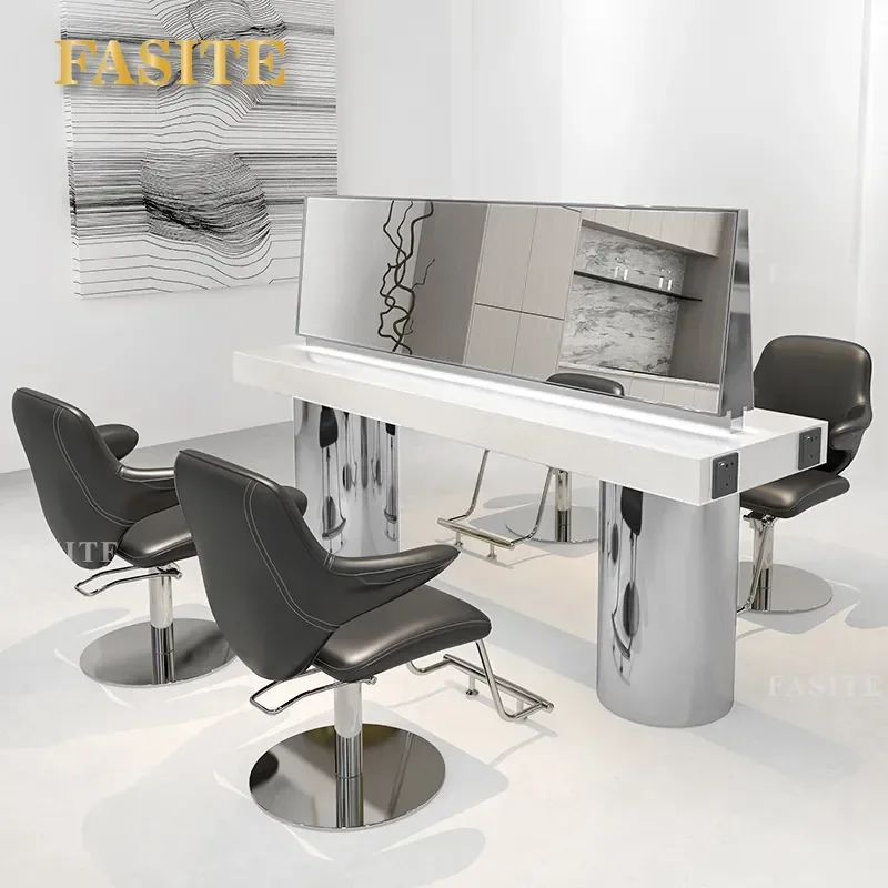 For Hair Barber Mirror Table Stainless Steel Marble Perm Dyeing Station Single Double Sided Hair Cutting Cabinet