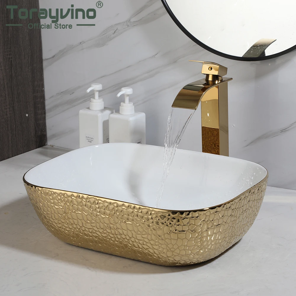 Torayvino Gold & White Ceramic Bathroom Vessel Sink Rectangular Above Counter Art Basin Hammered Texture w/ Waterfall Faucet