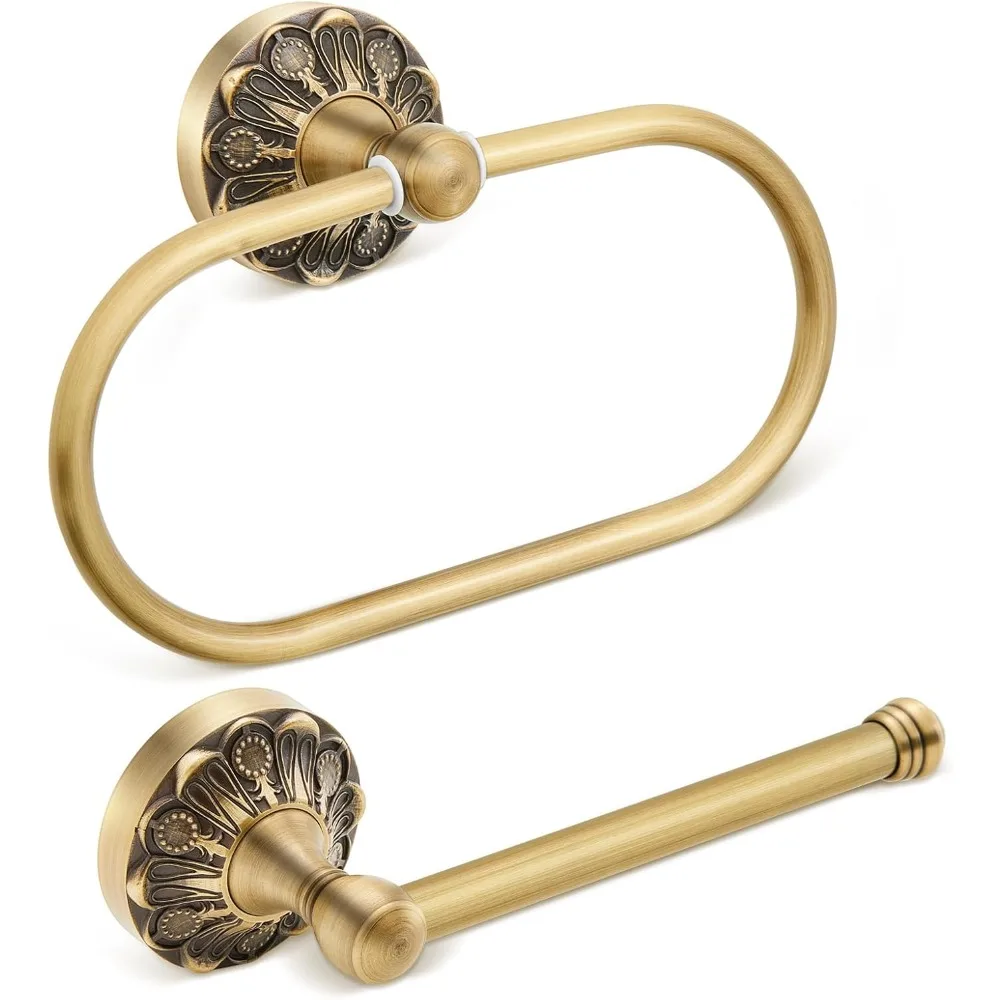 

Retro Antique Brass Toilet Paper Holder and Hand Towel Ring Set, Wall Mounted Bathroom Hardware
