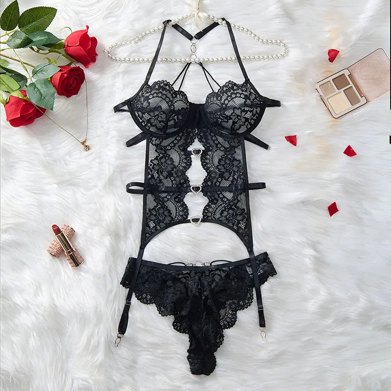 Exotic Set New Hot Garter Belt Lingerie Women Sexy Costume One-piece Underwear With Stockings Porn Female Bodysuit Lace Bra Sets