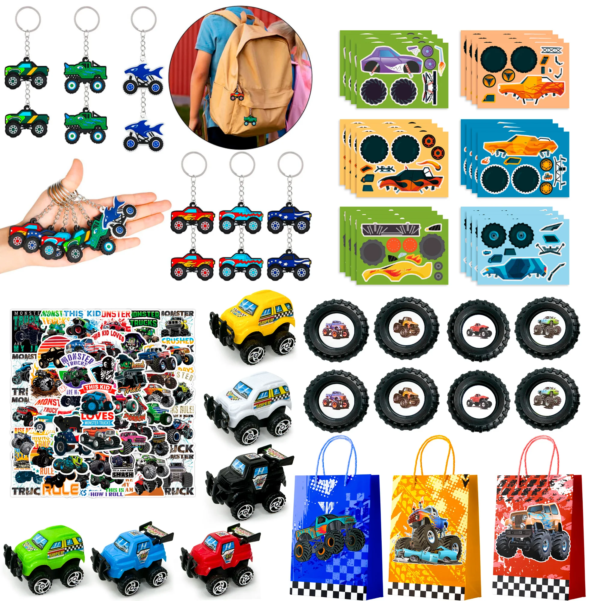 Monster Truck Favors, 110pcs All-In-One Mini Monster Trucks Party Favors Pack Including Monster Truck Keychain Bags Stickers etc