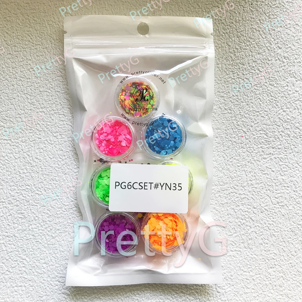 PrettyG 6-Color Set Box Neon 123mm Hexagon Chunky Mixes Glitter Fluorescent Glitter Luminous Sequins For Nail Art Decoration 5