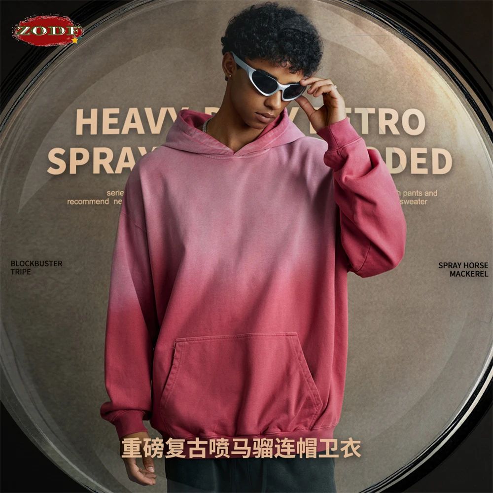 ZODF Vintage 480gsm Monkey Washed Gradient Cotton Hoodies For Man Unisex Retro High Street Distressed Hooded Pullovers  HY1147