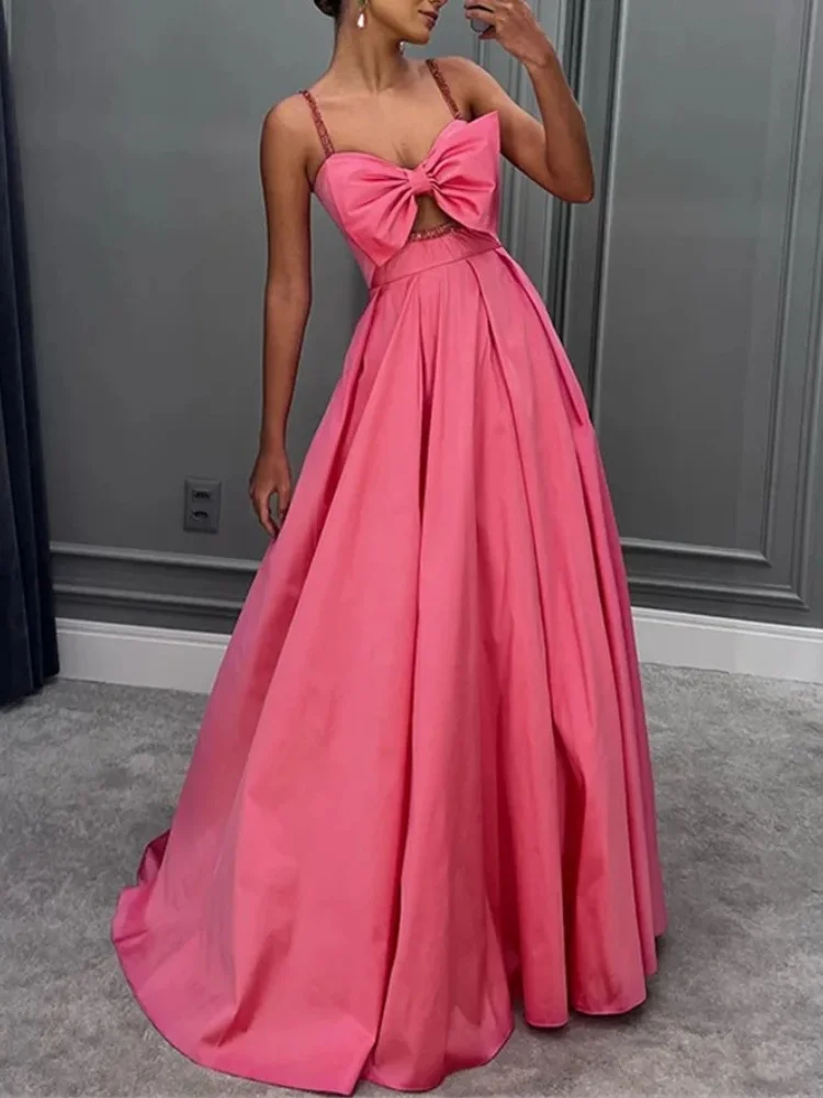 Sexy long satin pink bow dress A-line Italian strap evening gown formal party dance dress customization