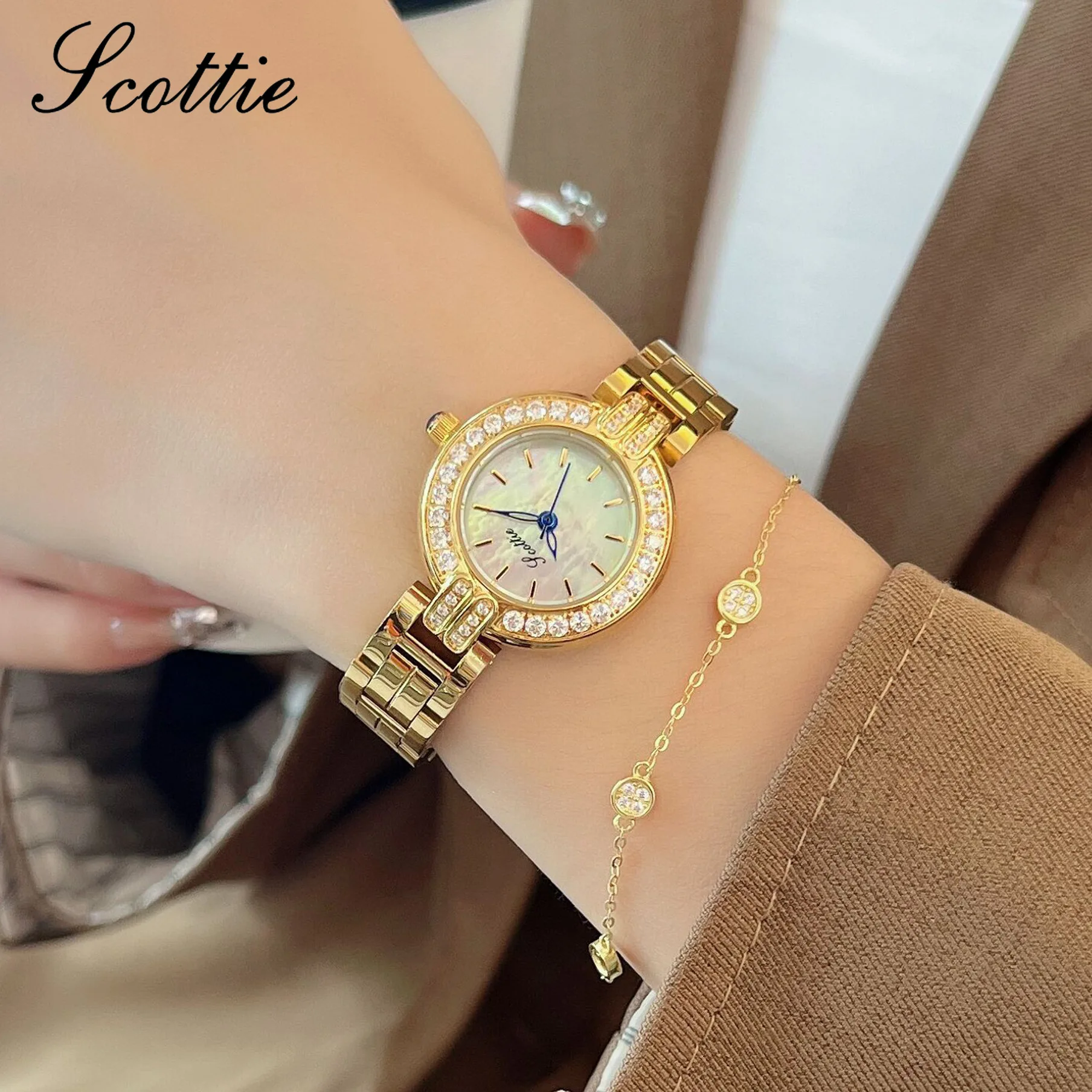 Scottie Women Quartz Watch Luxury Diamond Classic Roman Numerals Gold Stainless Steel Band Orologio Watches Ladies Wristwatch