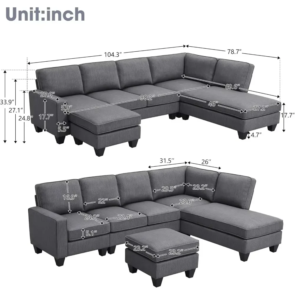 Modern Convertible Sectional Sofa,U Shape Sectional Sofa for Living Room, 7 Seat L Shaped Living Room Sofa