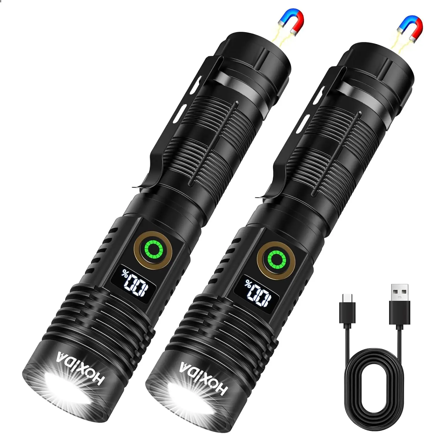

6 Modes Zoomable Tactical Flashlight, 2000 Lumens, LCD Display, USB Rechargeable, Magnetic, EDC for Emergencies Camping