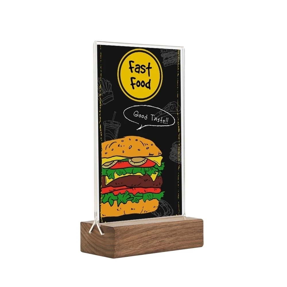 Black Wooden Base Acrylic Label Sign Sleeve Photo Picture Poster Menu Stand Holder For Advertising Promotion Sign Display