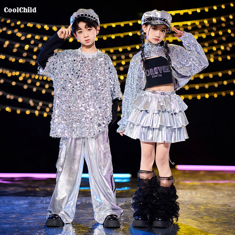 Hip Hop Boys Sequin T-shirt Cargo Pants Girls Silver Crop Jacket K-pop Tiered Skirt Kids Streetwear Child Jazz Dance Clothes Set