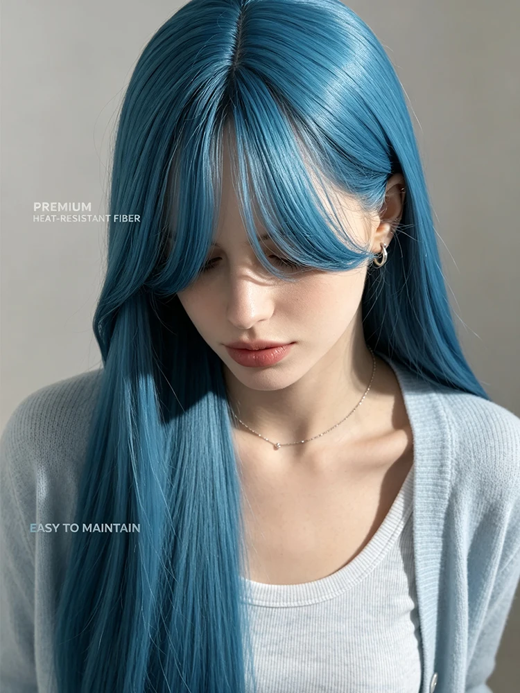 Synthetic 28 Inch Lolita Curtain Bangs Blue Long Straight Hair Wig Halloween Cosplay Heat Resistant Fiber Hair