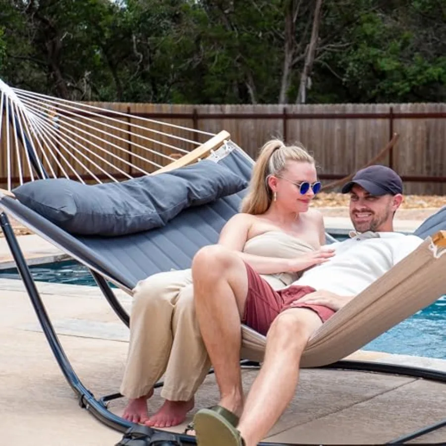 Double Hammock with Curved Spreader Bar for Outdoor Use, Polyester Fabric, Dark Gray, Easy Setup with Stand Included