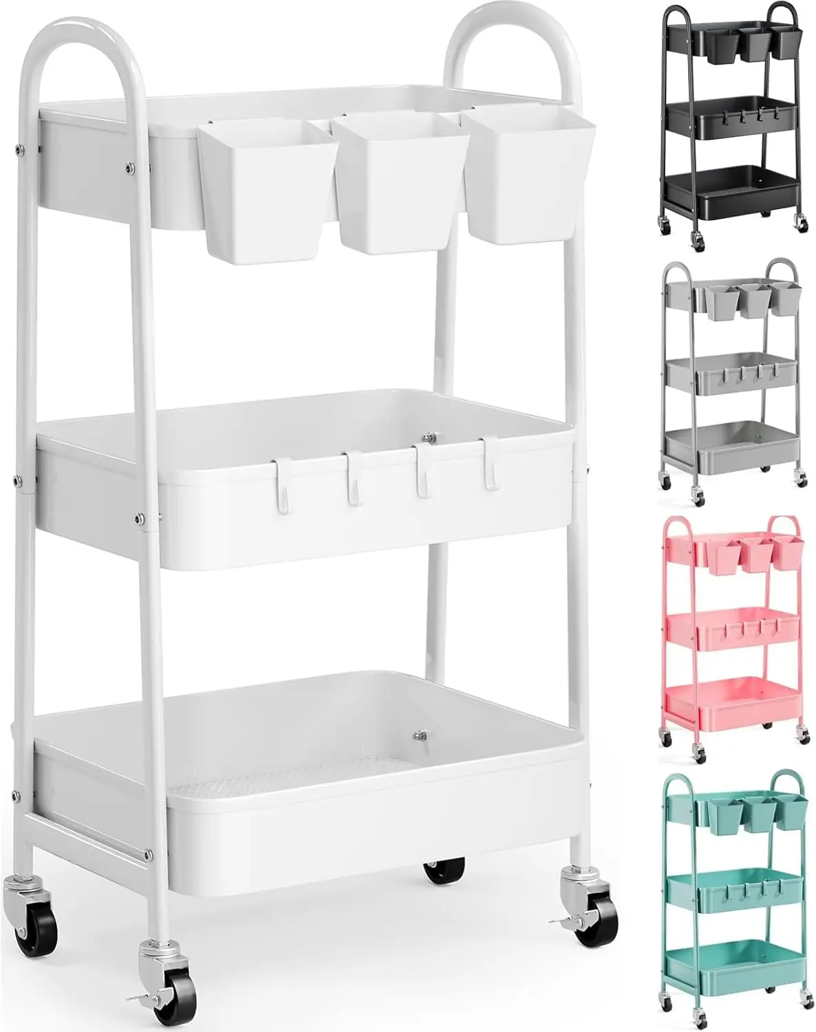 

3-Tier Metal Rolling Cart with Lockable Wheels, Multi-Purpose Storage Organizer for Kitchen, Bathroom, Garage