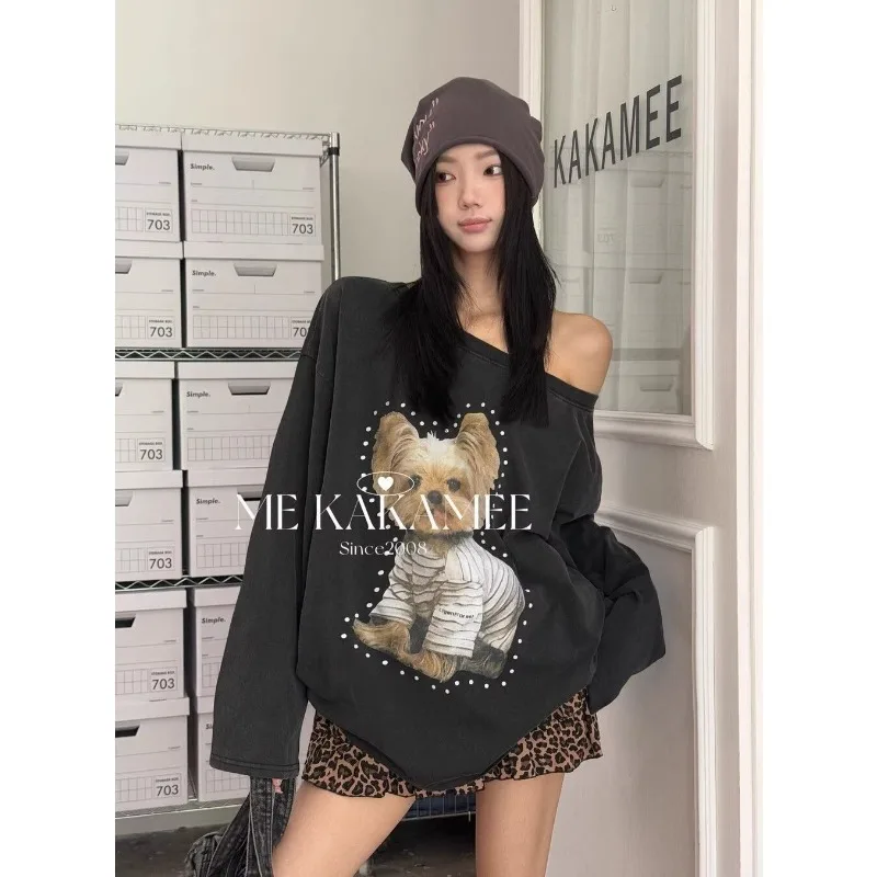 Pullover Cartoon Print Off-shoulder Long-sleeved T-shirt Women's Casual Commuting Top