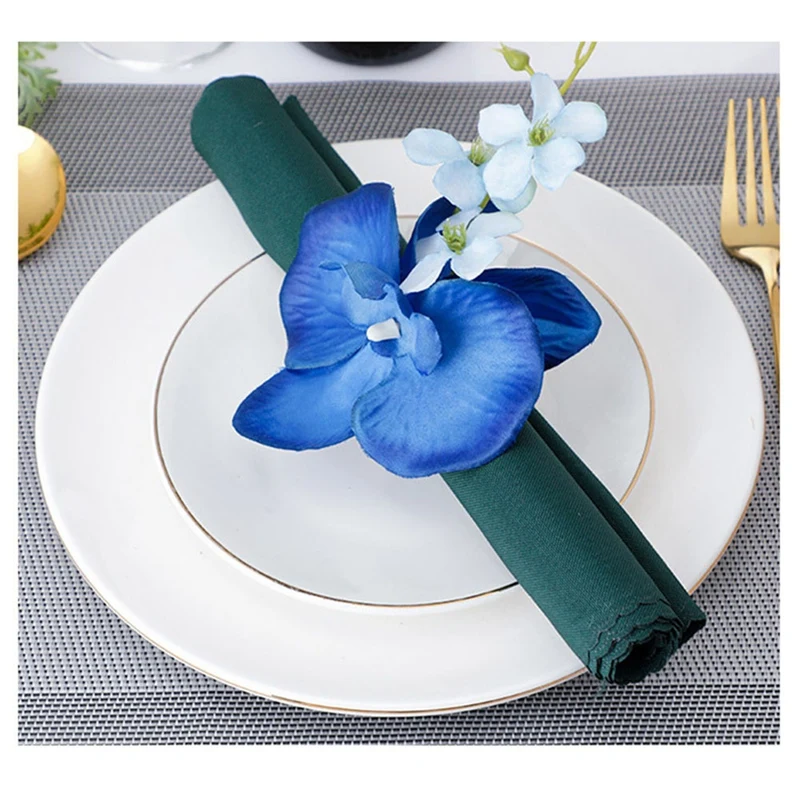 6PCS Handmade Orchid Flower Napkin Rings Blue Flower Holders Handcraft Serviette Buckles Rings For Wedding Table Decor