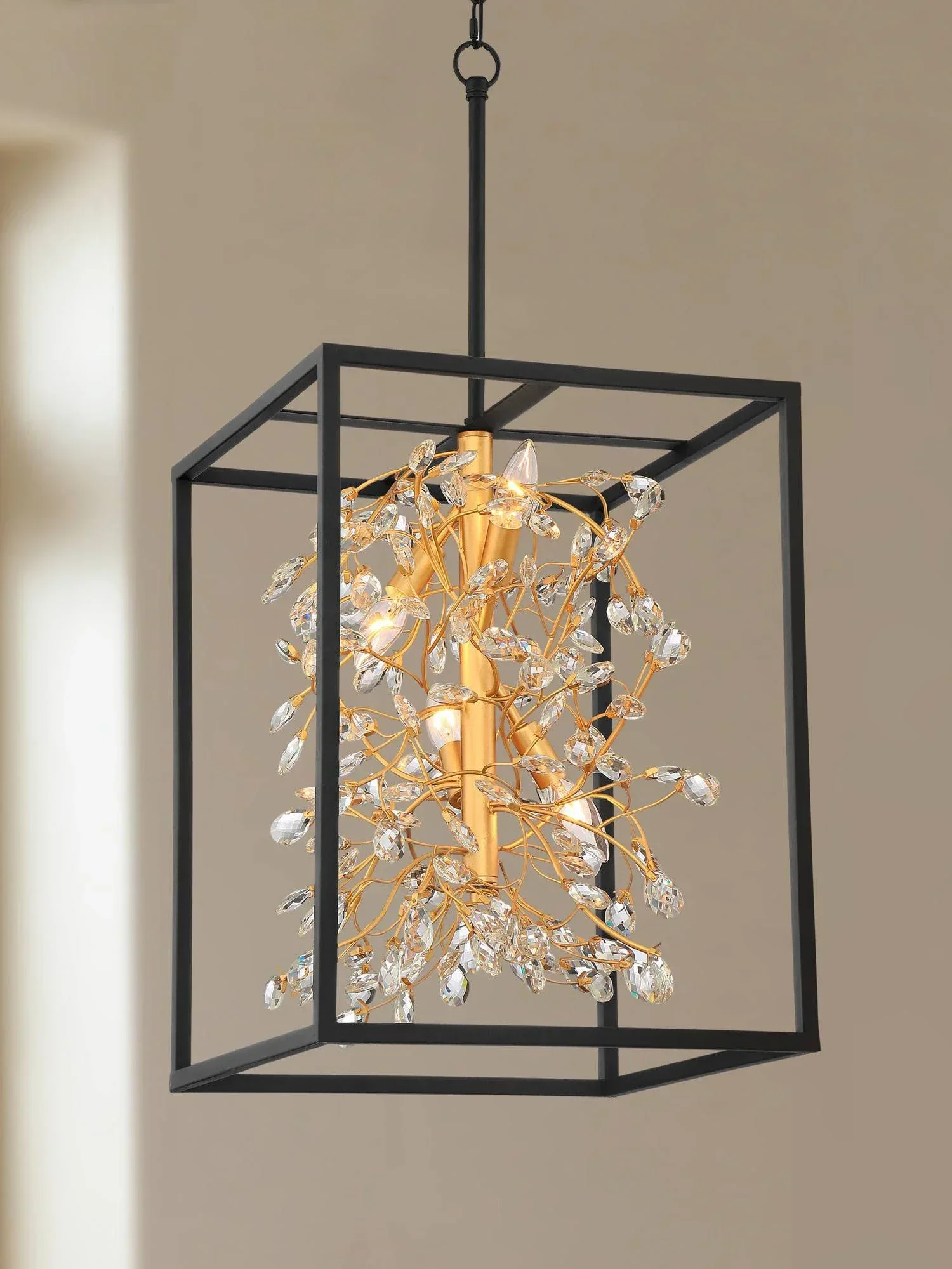 

Nordic Luxury Hanging Line Crystal Black and Gold 4-Light Pendant Chandelier Kitchen Bar Celling Drop Pendant Light