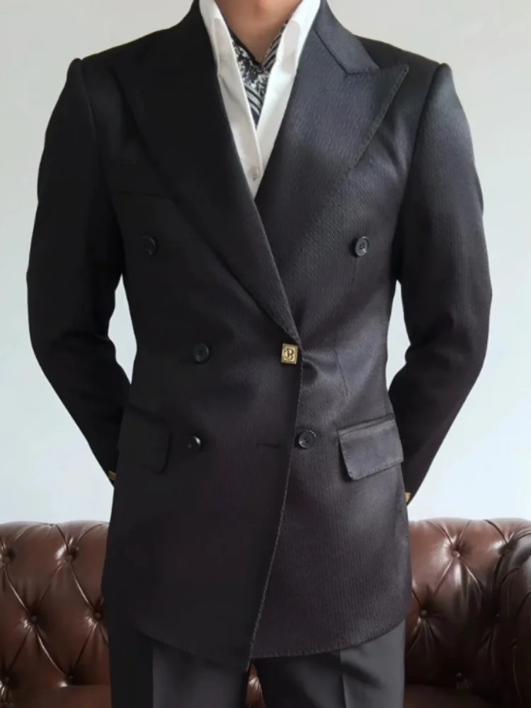 Men's Slim Fit Double Breasted Blazer Jacquard Textured Gold Button Mid-length Business Jacket