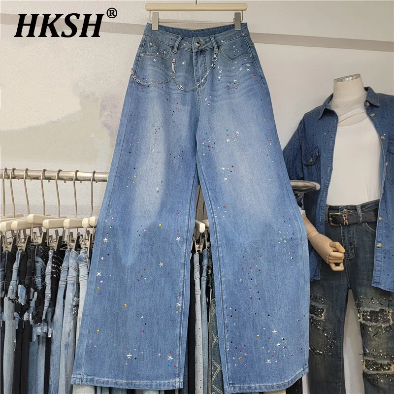 

HKSH Spring Summer New Women's Tide Ins Chic Y2K Sweet Colorful Jeans High-Waisted Casual Versatile Wide Leg Denim Pants HK5909