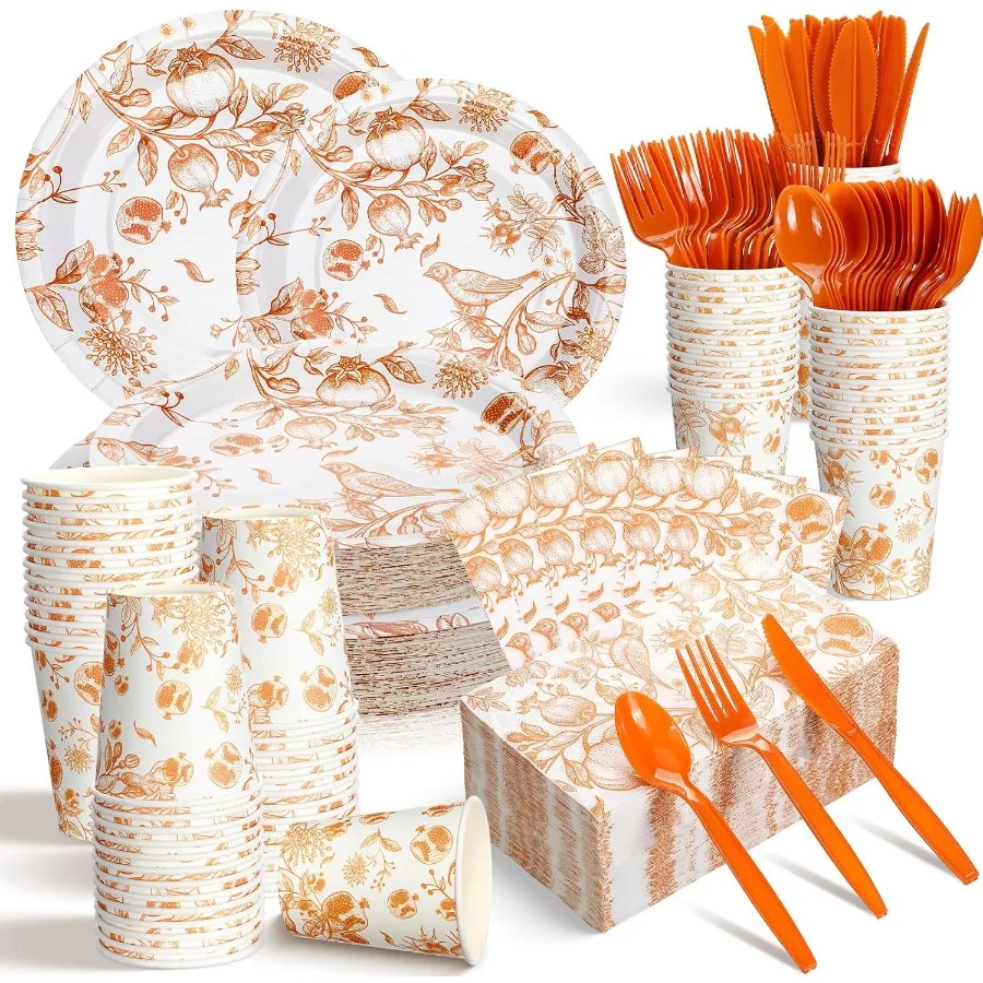 

400 Pcs Disposable Dinnerware Set for Autumn Themed Fall Party Supplies Including Paper Plates Napkins Cups Knives and Spoons f
