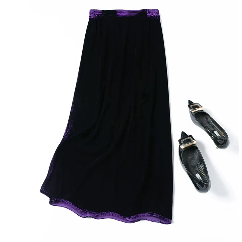 100% Mulberry Silk Lining Women Velvet Silk Bodycon Skirt Purple Elastic Waist Side Slit Pencil Skirts 2026 Autumn Winter M1795