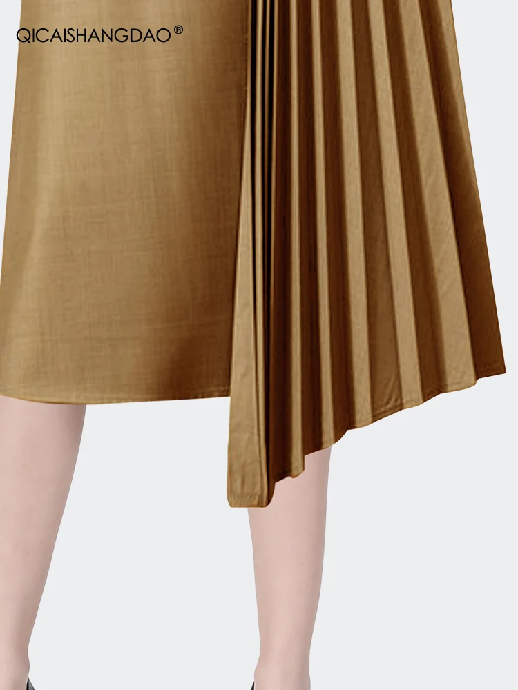 Fashion Patchwork Solid Color High Waist A-line Pleated Skirt Womens Spring Summer Mid-length Office Ladies Straight Skirts