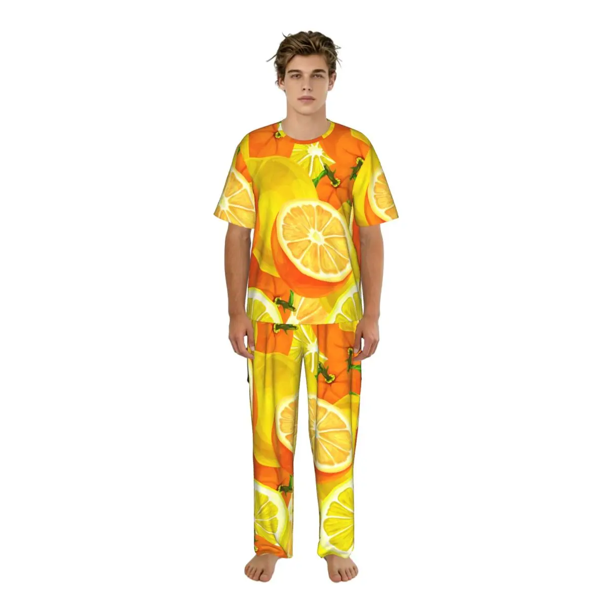 

Men Pajamas Set Watercolor Lemons Oranges Short Sleeve Spring Summer Lounge Sleepwear Male Nightwear