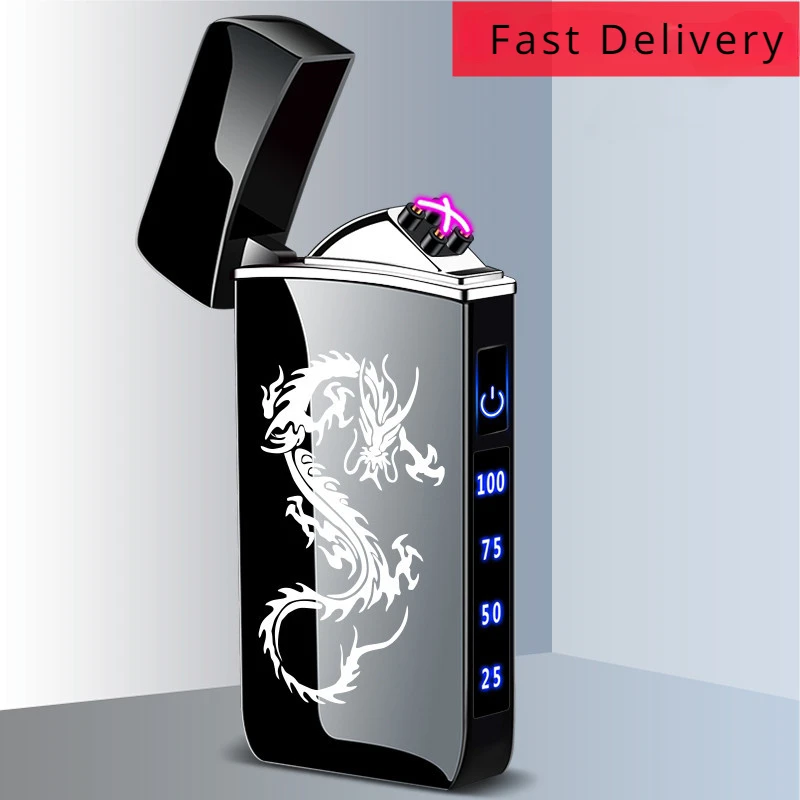 Touch Sensing Metal Electric Outdoor Windproof Lighter Dual Arc Flameless Plasma USB Rechargeable Lighters Digital Power Display