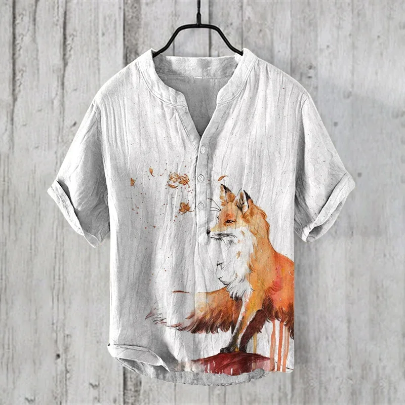 

New summer linen blend short-sleeved shirt fashionable casual elegant fox print pattern trendy men's wear