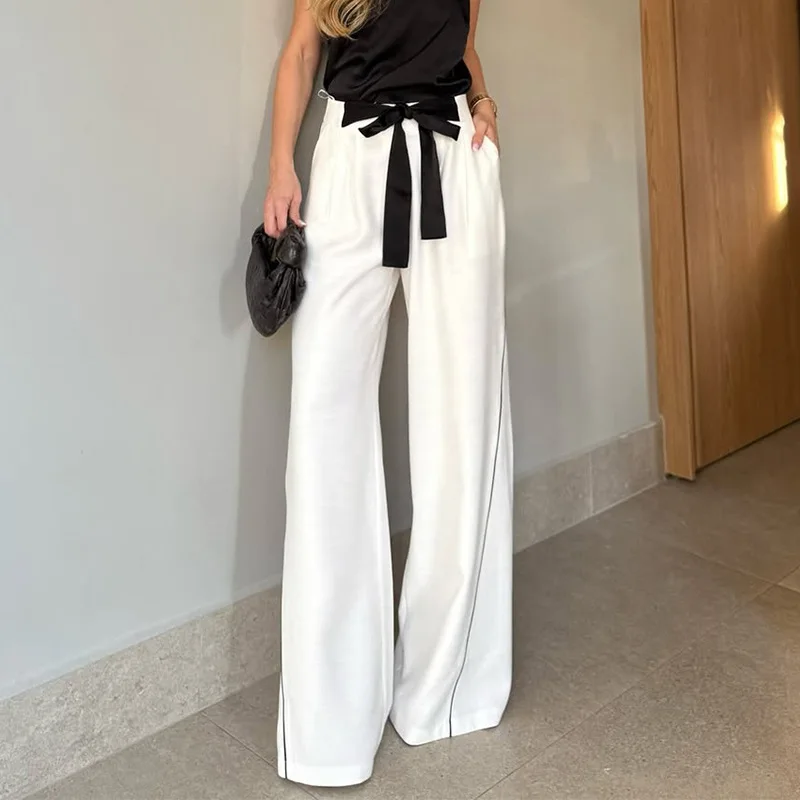 

Women Pants Spliced Capris Pocket Empire Drawstring Waist Full Length Straight Pants Loose Fit Casual Office Lady 2026 Spring