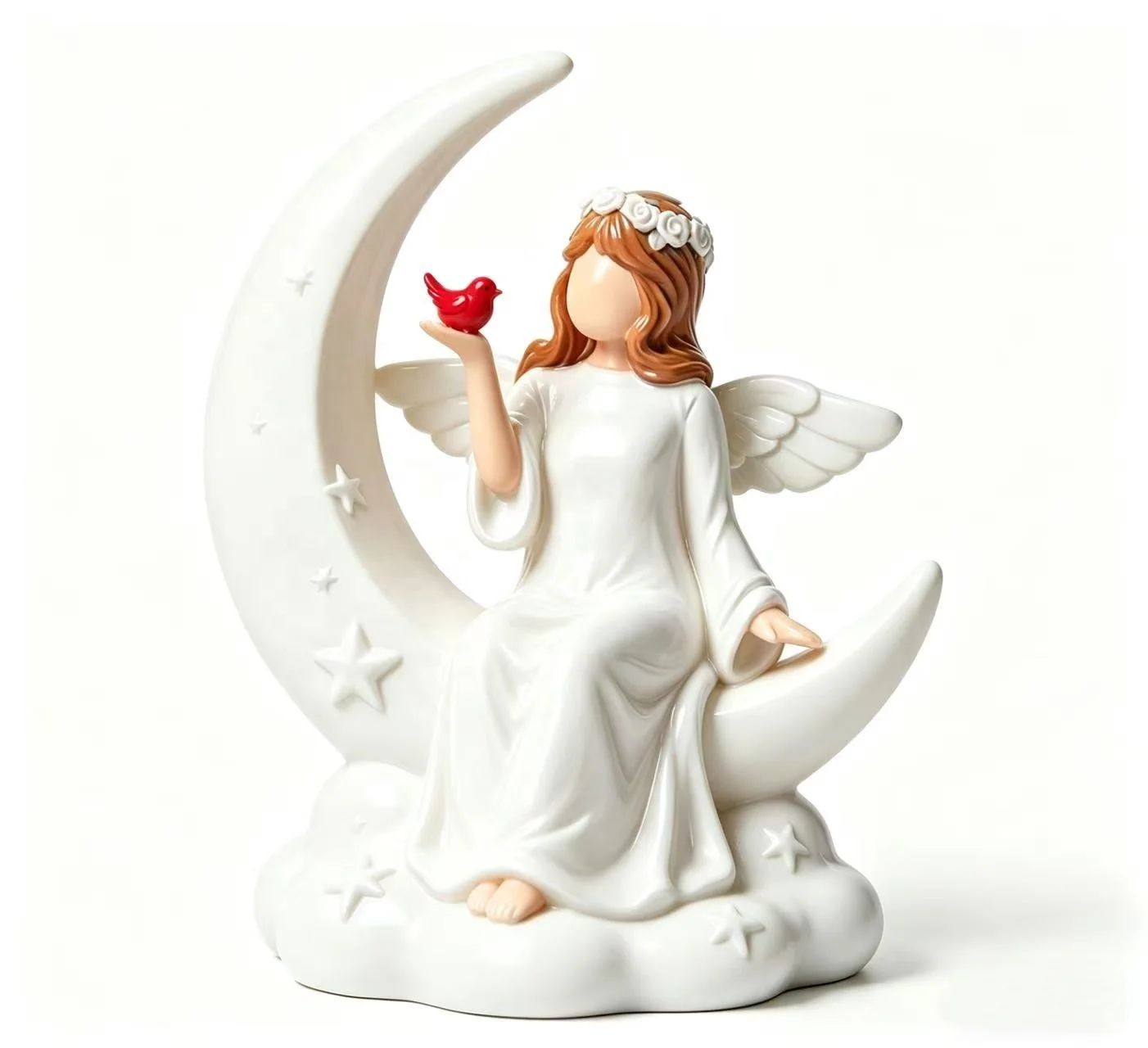 Home Decoration Angel Statue Resin Angel Figurine Sitting on the Moon with Cardinal Bird Figure for Mother Gift Angel Figurine