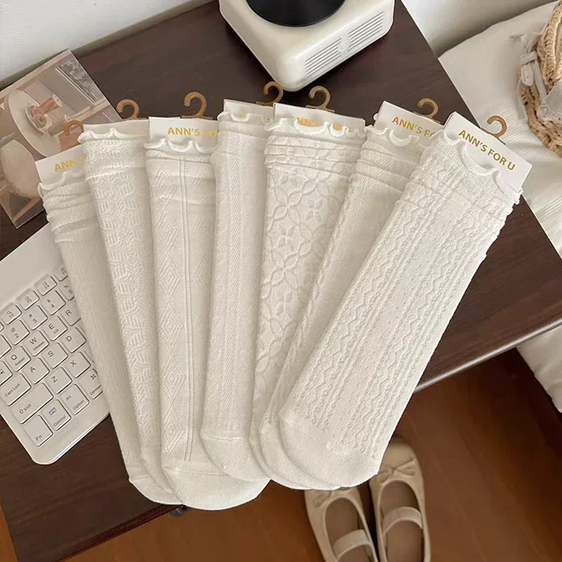 1/5pairs Summer White Lace Middle Tube Socks Women Girls Harajuku Ruffle Stockings Lolita Sweet Princess Streetwear Thin Hosiery