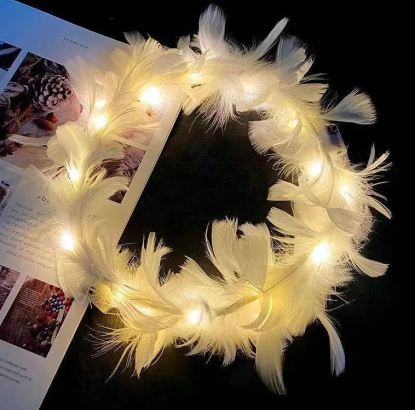 Adjustable Girl Glow Headband with LED Light Feather Wreath Crown Hairband for Wedding Birthday Glow Party Hair Accessories