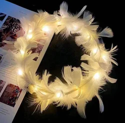 Adjustable Girl Glow Headband with LED Light Feather Wreath Crown Hairband for Wedding Birthday Glow Party Hair Accessories