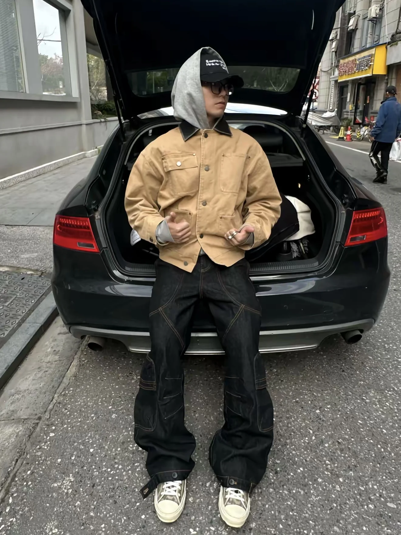 الرجعية الأمريكية Waed Cleanfit طوق Jaet الرجال الخريف الشتاء تنوعا Boxy Sle طويل Sve لون نقي ex معطف #3