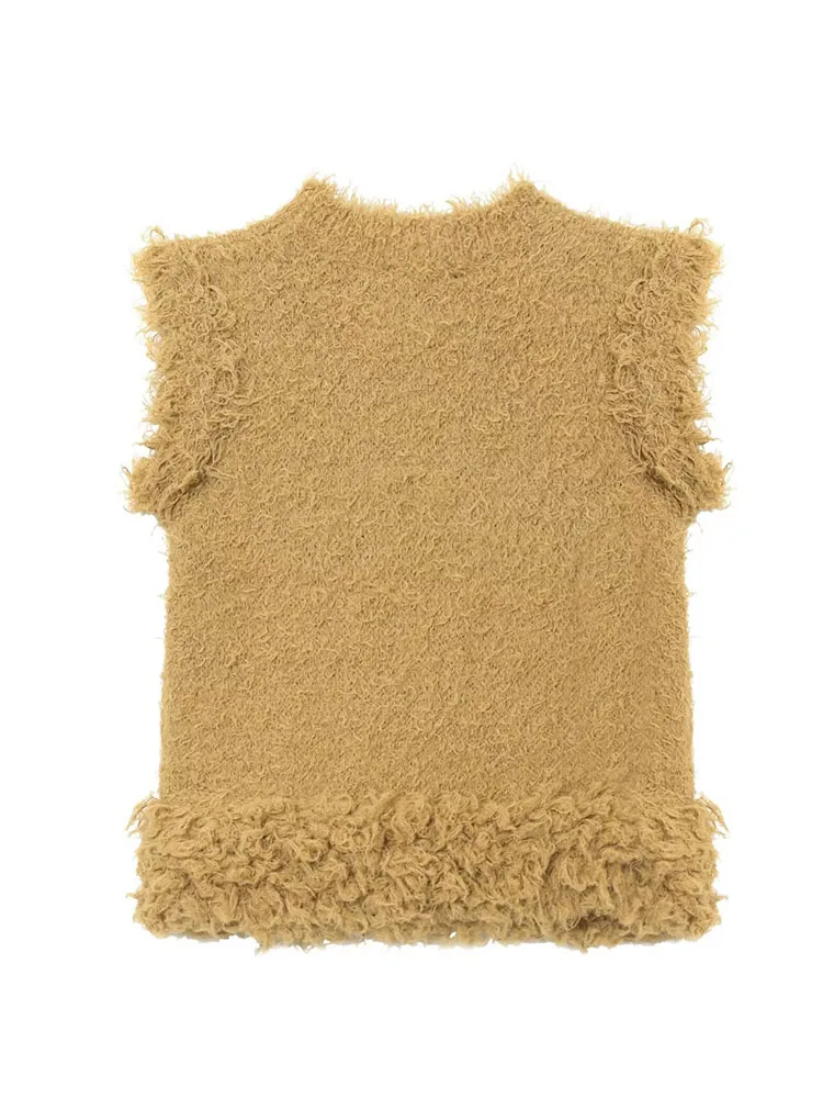 HH المرأة الصيف شيك محبوك القمم الزنجبيل الأصفر شرابة الديكور البلوفرات المرأة موضة جديدة س الرقبة سترات بلا أكمام العصرية #6