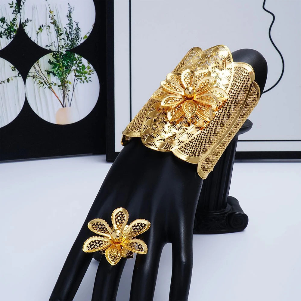 

Arab Fashion Lager Cuff Bangle with Ring Jewelry Set African Luxury Gold Color Bracelet Finger Ring Daily for Women Accessories