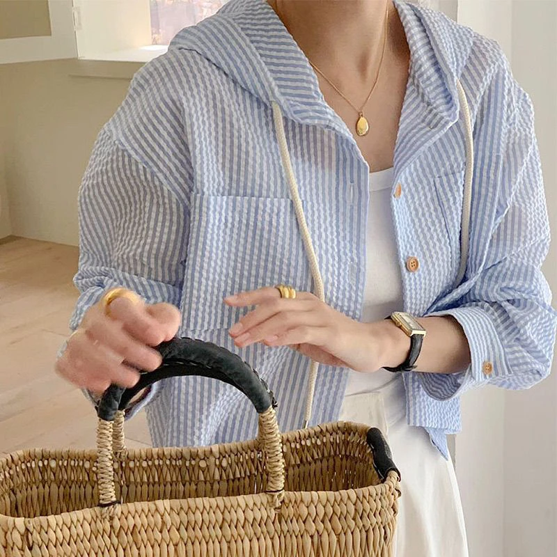 

Summer Thin Striped Sun Prote Blouse Women Korean Chic Loose Casual Hooded Crop Tops Fashion Single Breasted Long Sleeve Shirt