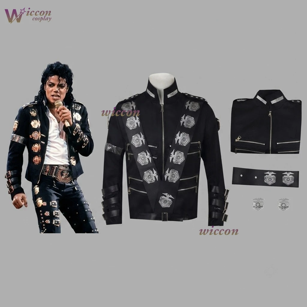 Uniform Michael Jackson Costumes Jacket Stuff BAD Black With Silver Eagle Badges Punk Metal woolen Clothing Halloween Cos