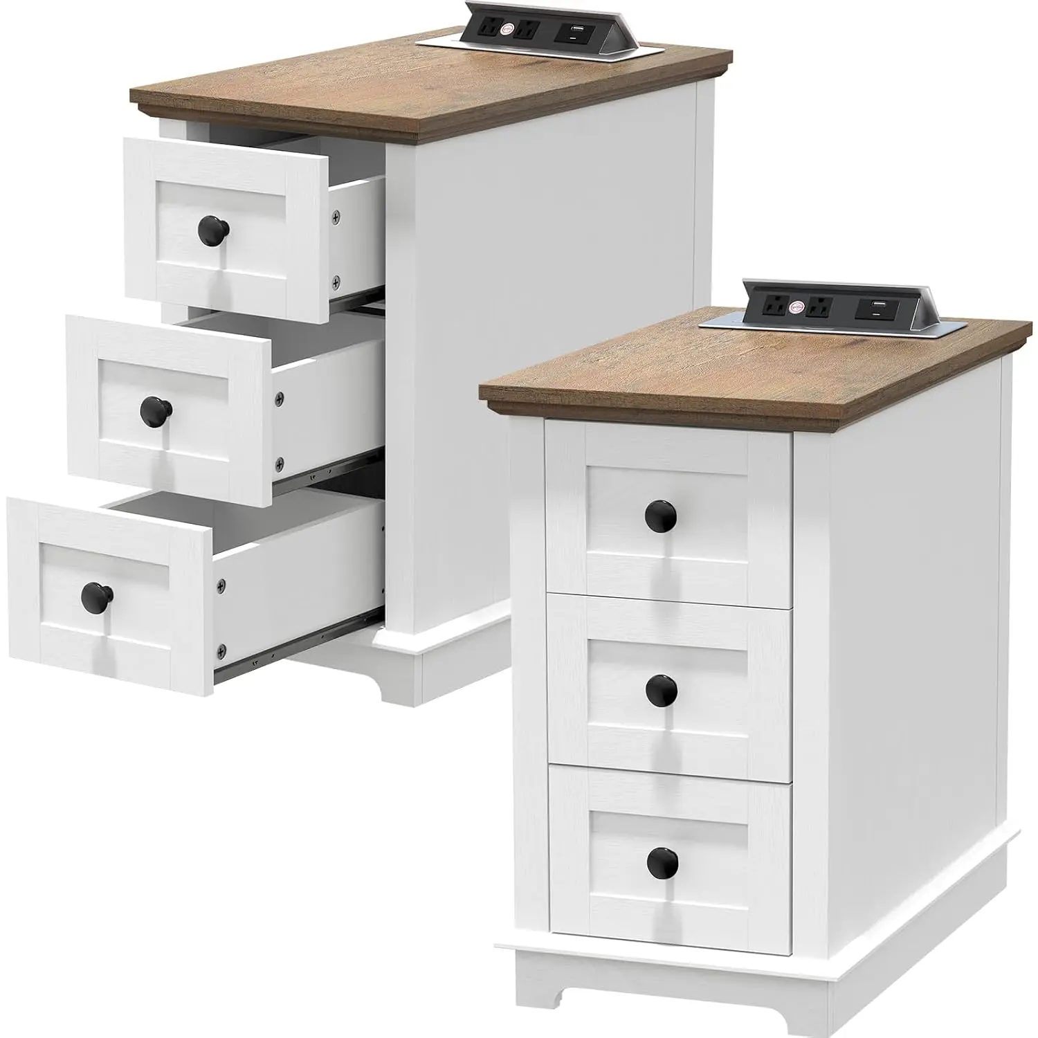 Narrow End Table Set 2, 3 Drawers & Charging Station with USB Type-C Power Outlets, Wooden Side Table Storage for Living Room Be