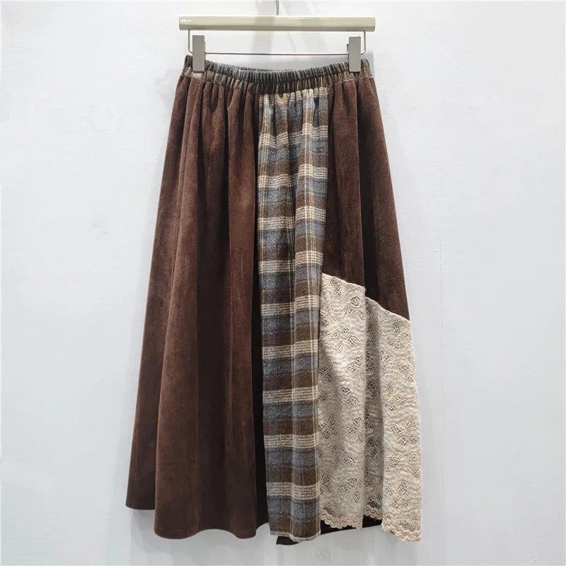 Spódnica damska HKSH Jesień Zima Nowa Kolekcja Blok Kolorów Asymetryczna Patchworkowa Koronka Ażurowa Szydełkowa Krata Plisowana Retro Spódnice w Stylu Ins HK14637