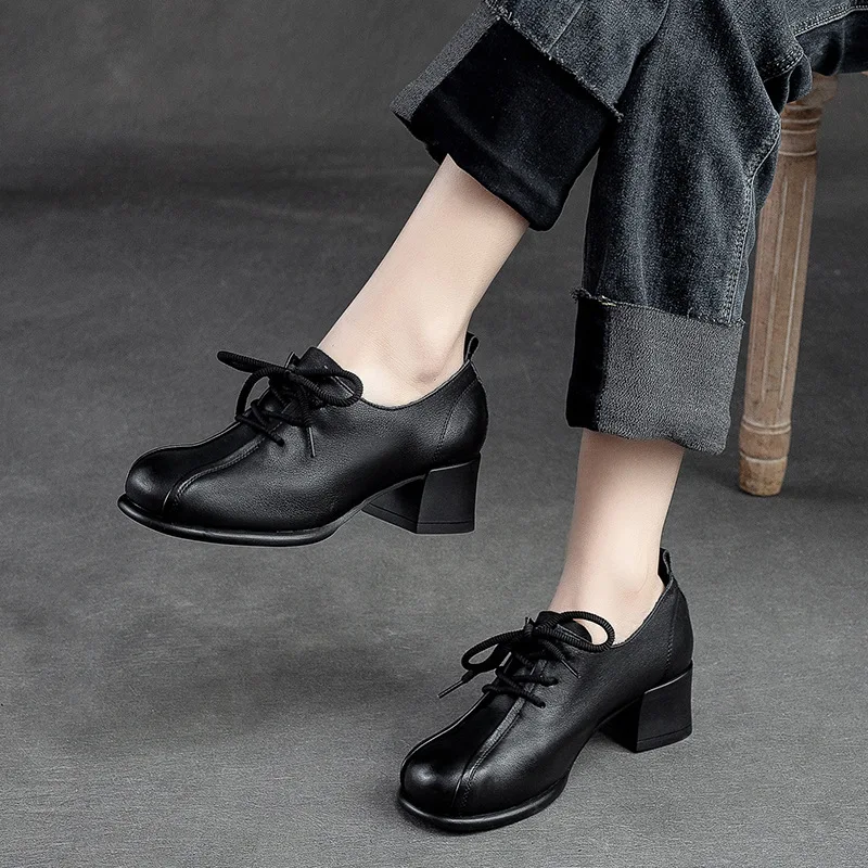 Women Genuine Leather Block Heel Oxford Shoes Retro Lace Up Mid Heel Pumps Vintage Handmade Leather Office Work Dress Shoes