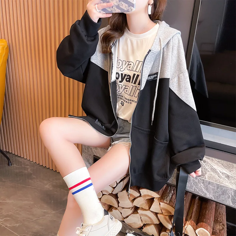 Women Harajuku Streetwear Casual Long Sleeve Korean Fleece Contrast Color Oversize Female Hooded Sweatshirts Zipper Hoodie Coats
