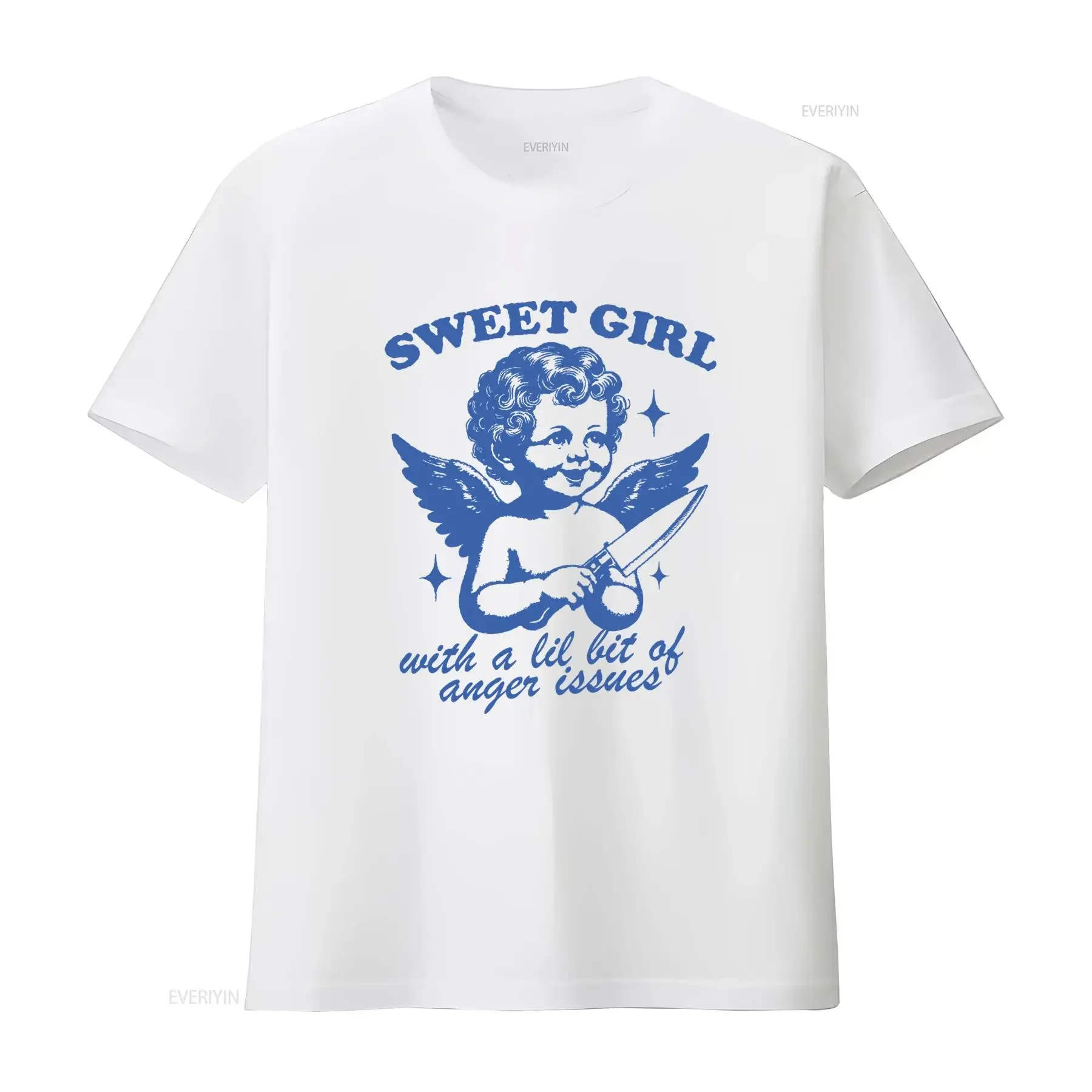 Y2K Vintage Streetwear Cherub Angel Sweet Girl Anger Issues Funny Slogan Print Casual T Shirt vintage Washed Unisex Stylish