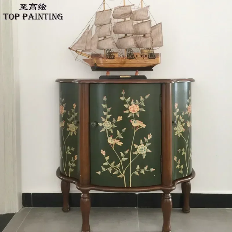 

TAO Solid Wood Living Room Decorative Small Cabinet Idyllic and Retro Hand Painted Side Cabinet