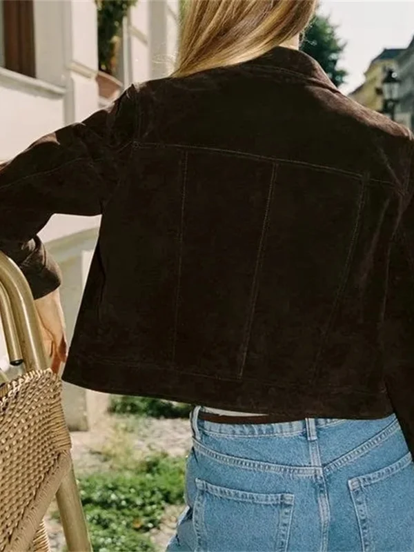 جاكيت نسائي قصير بأكمام طويلة وياقة، تصميم عصري غير رسمي، جديد لفصل الخريف، بتأثير الجلد، معطف نسائي عالي الجودة